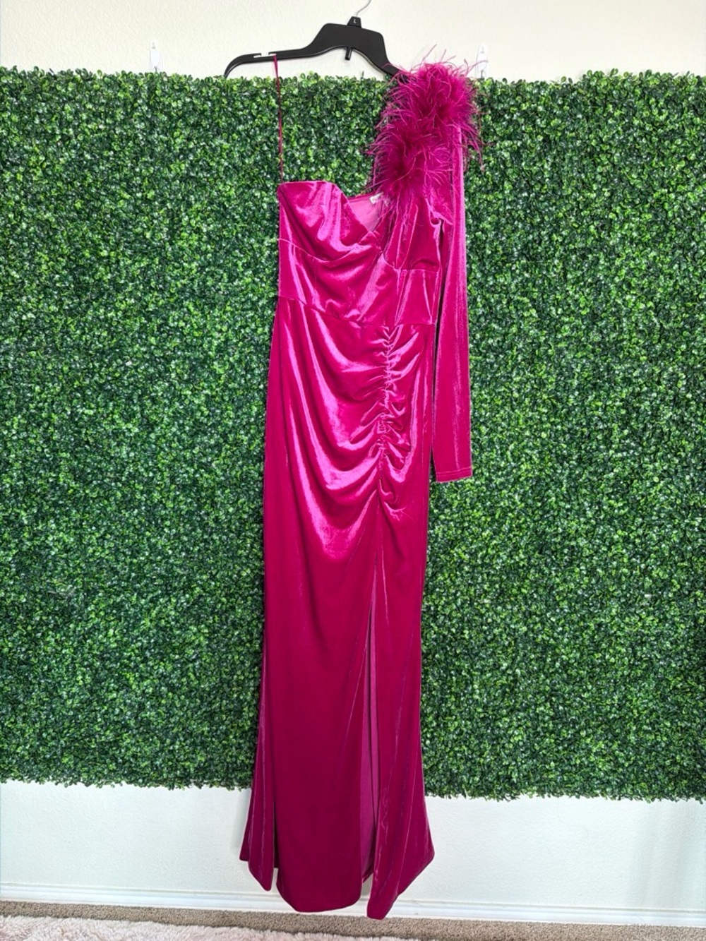 Fuchsia One-Shoulder Evening Gown with Feather Trim